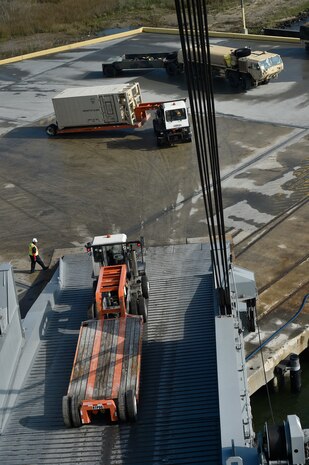 Vehicles assigned to the 82nd Airborne Division are loaded onto the USNS Watson (T-AKR-310) in preparation for transport at Joint Base Charleston’s - Weapons Station, S.C., March 20.¬ The 841st Transportation Battalion, 597th Transportation Brigade, on-loaded more than 1,500 vehicles and equipment, including combat helicopters. Charleston has the capability to transport cargo by air, land, rail and sea.