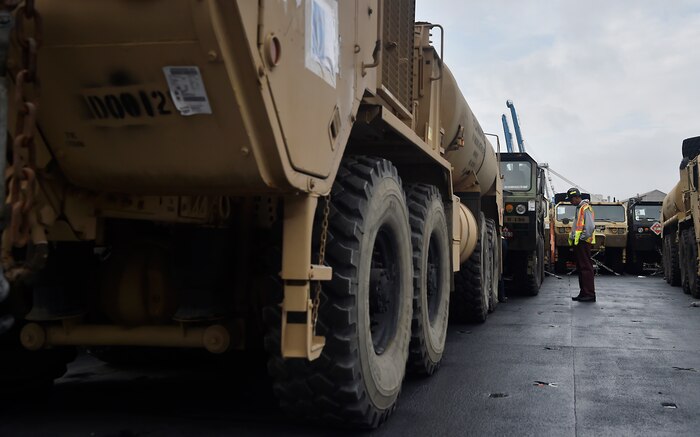 Vehicles assigned to the 82nd Airborne Division are loaded onto the USNS Watson (T-AKR-310) in preparation for transport at Joint Base Charleston’s Naval Weapons Station March 20, in South Carolina. The 841st Transportation Battalion, 597th Transportation Brigade, on-loaded more than 1,500 vehicles and equipment, including combat helicopters, in support of the movement. Joint Base Charleston has the capability to transport cargo by air, land, rail and sea.