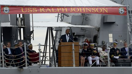 Sen. Tim Scott of South Carolina delivers remarks during the USS Ralph Johnson (DDG-114) commissioning ceremony March 24, 2018 at the Port of Charleston, S.C.