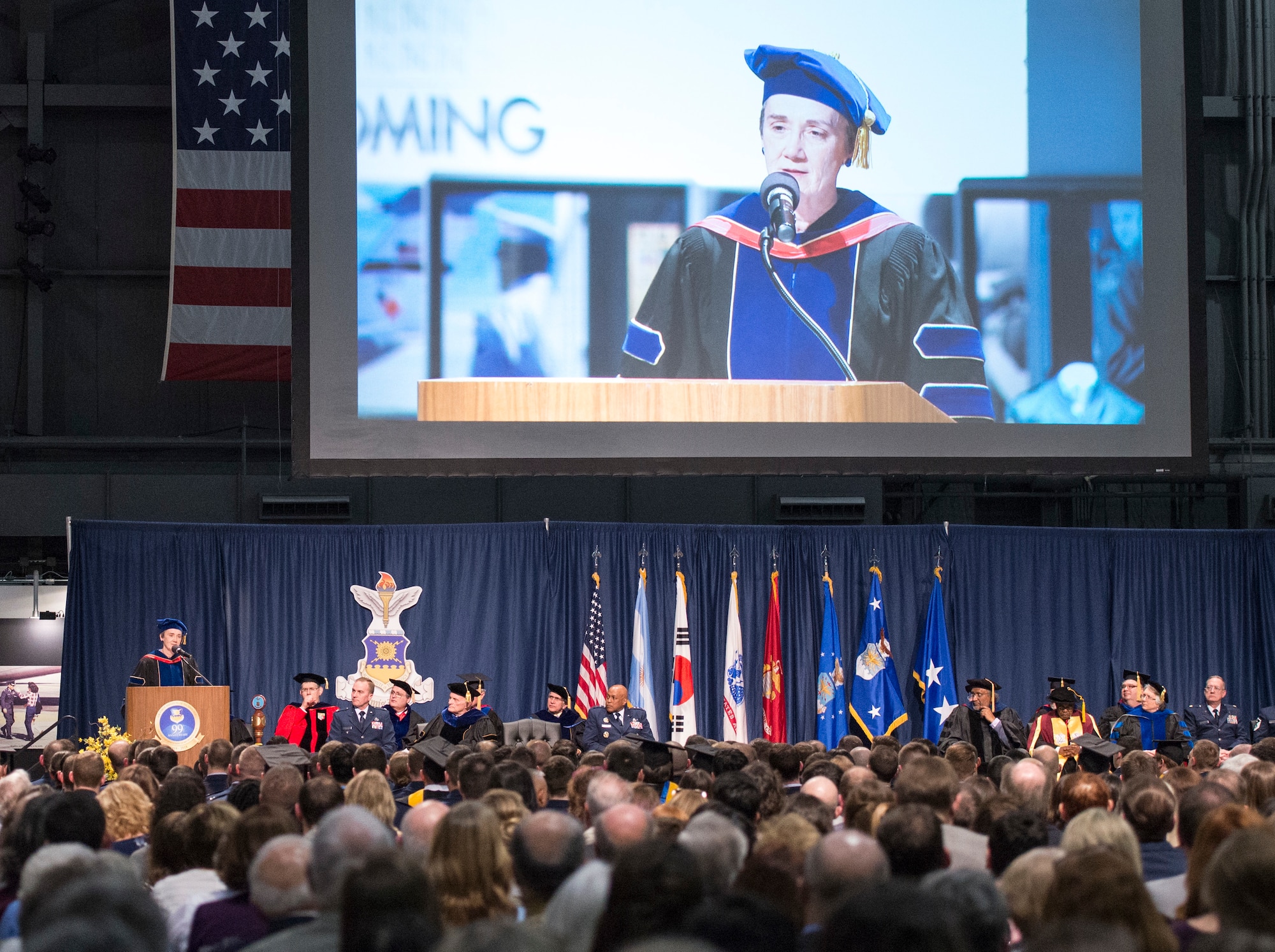 Secretary of the Air Force Heather Wilson gives remarks during the 2018 Air Force Institute of Technology Commencement Ceremony inside the National Museum of the United States Air Force, Dayton, Ohio, March 22, 2018. AFIT is focused on providing exceptional defense-focused research-based graduate education. (U.S. Air Force photo by Wesley Farnsworth)