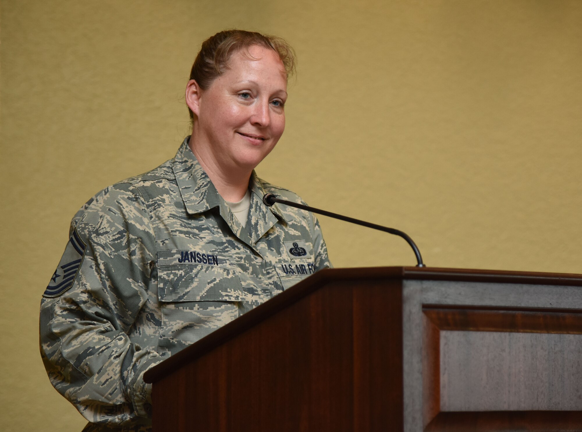 U.S. Air Force Senior Master Sgt. Rebecca Janssen, 81st Engineering Installation Squadron operations flight superintendent, delivers remarks during the Women’s History Month Luncheon at the Bay Breeze Event Center March 27, 2018, on Keesler Air Force Base, Mississippi. The theme for this year’s event is “Nevertheless She Persisted.” (U.S. Air Force photo by Kemberly Groue)