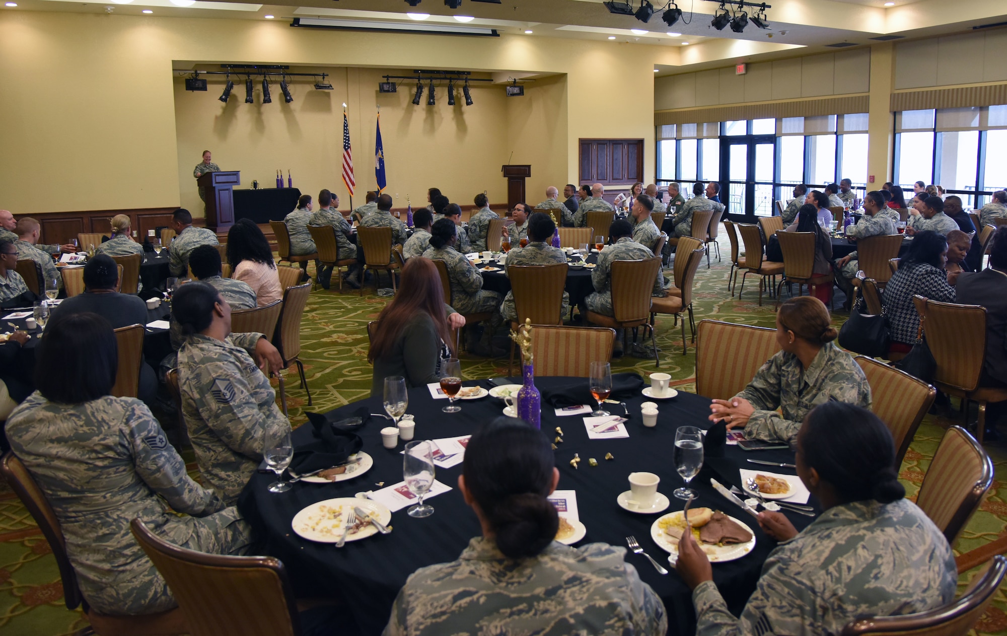 U.S. Air Force Senior Master Sgt. Rebecca Janssen, 81st Engineering Installation Squadron operations flight superintendent, delivers remarks during the Women’s History Month Luncheon at the Bay Breeze Event Center March 27, 2018, on Keesler Air Force Base, Mississippi. The theme for this year’s event is “Nevertheless She Persisted.” (U.S. Air Force photo by Kemberly Groue)