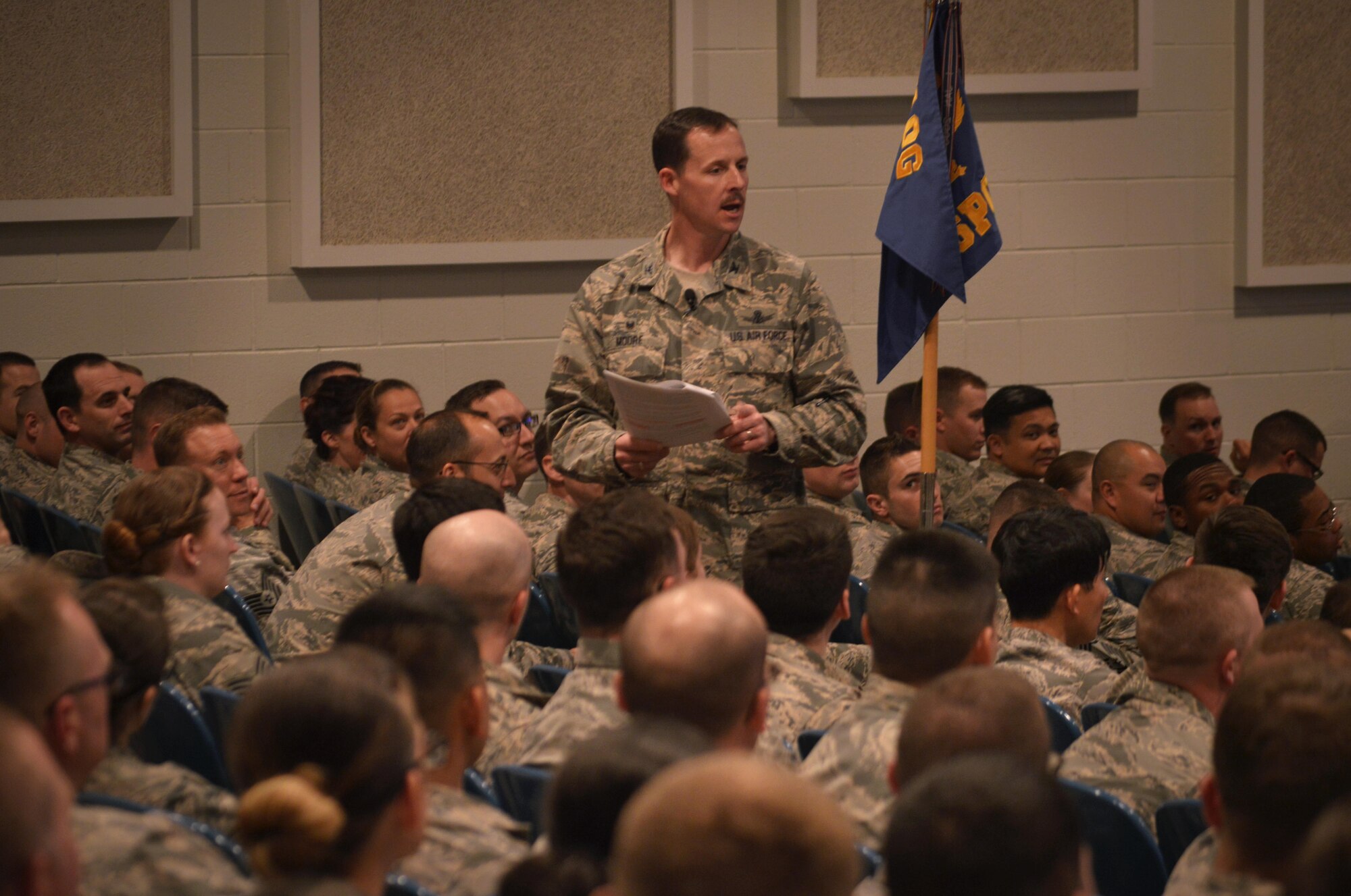 Airmen gathered in the afternoon at the base auditorium for Col. Todd Moore, 21st Space Wing commander’s all call at Peterson Air Force Base, Colo., March 22, 2018.