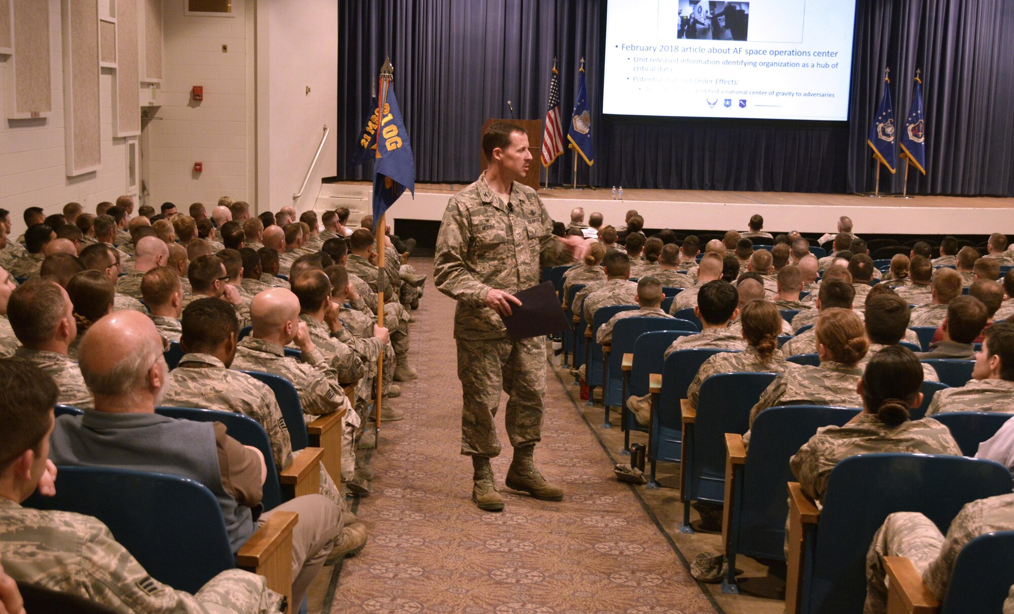 Airmen gathered in the afternoon at the base auditorium for Col. Todd Moore, 21st Space Wing commander’s all call at Peterson Air Force Base, Colo., March 22, 2018.