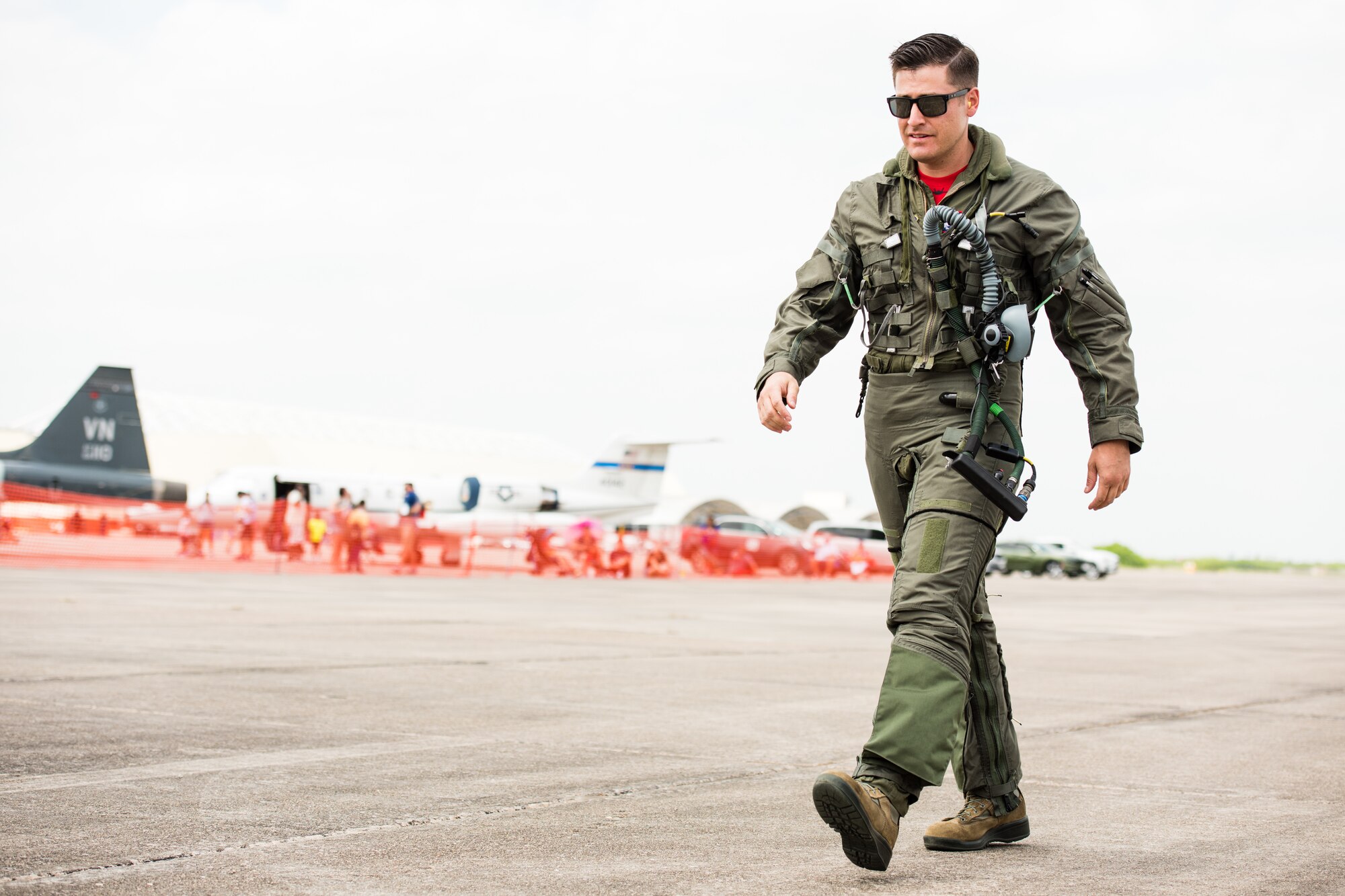 Capt. Andrew “Dojo” Olson, F-35 Heritage Flight Team pilot, steps to an F-35A Lightning II during the Wings Over South Texas air show at Naval Air Station Kingsville, Texas, March 24, 2018. Throughout the air show season, the F-35 HFT will perform at 13 air shows around the world. (U.S. Air Force photo by Airman 1st Class Alexander Cook)