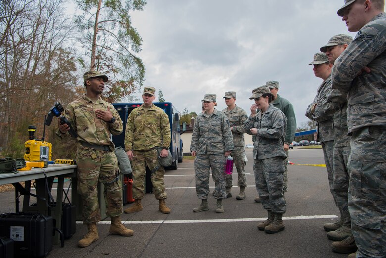 U.S. Army Cpl. Jonathan Bodyen, 773rd Civil Support Team survey team member, displays a portable explosives detector to Airmen at the 786th Civil Engineer Squadron and 773rd Civil Support Team interoperability demonstration on Ramstein Air Base, Germany, March 12, 2018. The purpose of the demonstration was to further expand joint relations and discover potential gaps in capability.