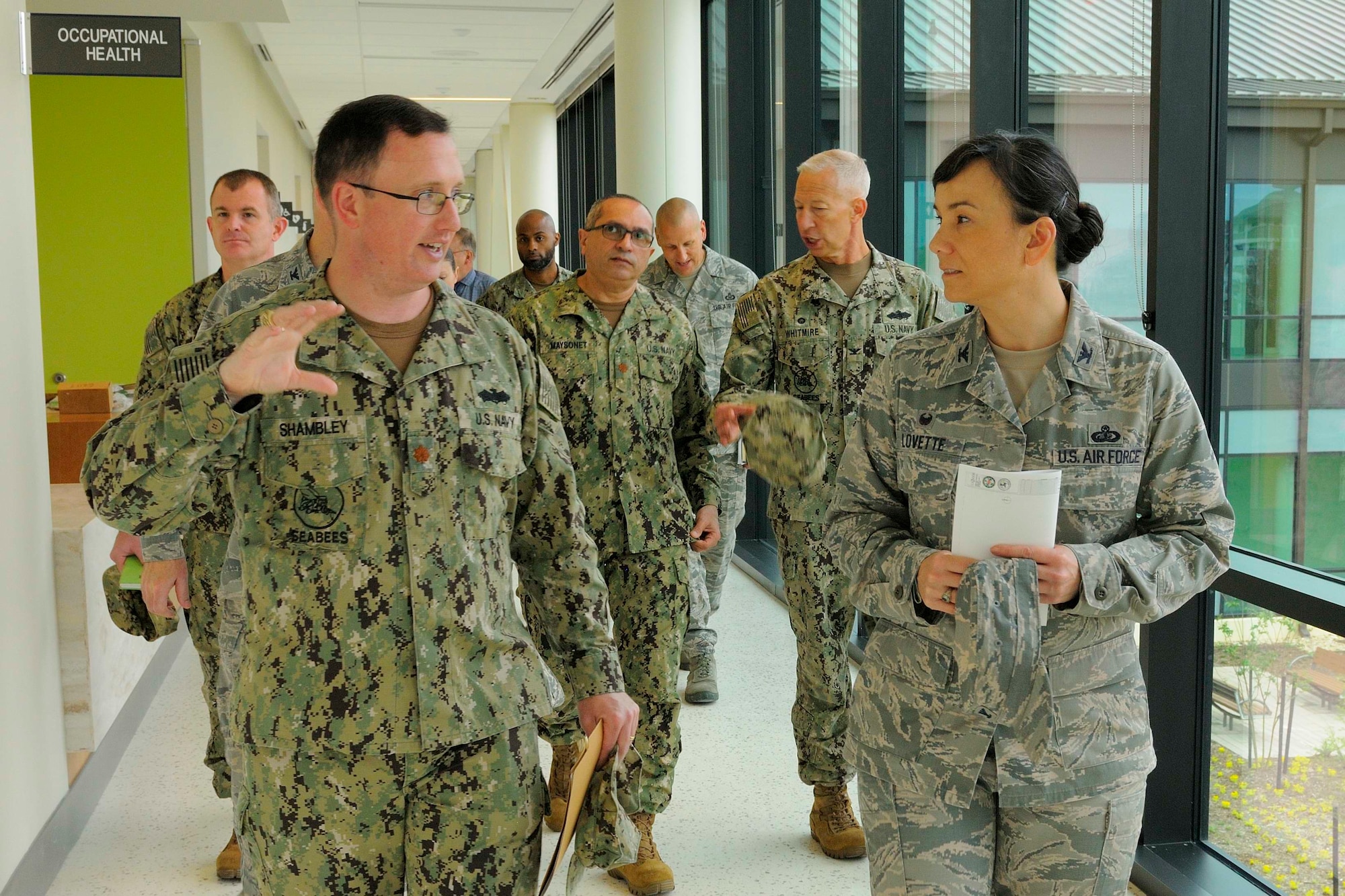 U.S. Navy Lt. Cmdr. James Shambley, Naval Construction Battalion Center facilities engineering and requisition division director, Gulfport, Mississippi, provides a tour of the base’s nearly-completed Naval Branch Health Clinic to U.S. Air Force Col. Debra Lovette, 81st Training Wing commander, March 27, 2018, on NCBC Gulfport, Mississippi. Lovette toured NCBC Gulfport facilities to learn more about the joint-service construction training performed at the neighboring Gulf Coast base. (U.S. Navy photo by Ryan Labadens)