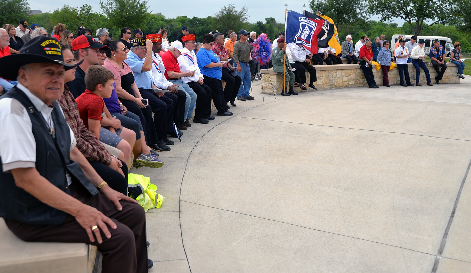 Vietnam veterans listen to guest speakers during the ceremony for the 50th Anniversary of the Commemoration of the Vietnam War at the Fort Sam Houston National Cemetery March 27.