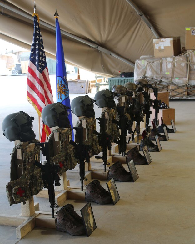 The seven men who died March 15 in a HH-60 Pave Hawk helicopter that crash in western Iraq were honored in a memorial ceremony at an undisclosed location in Southwest Asia March 21, 2018.