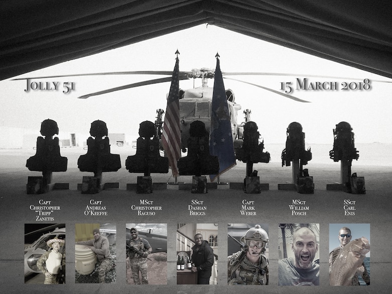 The seven men who died March 15 in a HH-60 Pave Hawk helicopter that crash in western Iraq were honored in a memorial ceremony at an undisclosed location in Southwest Asia March 21, 2018.