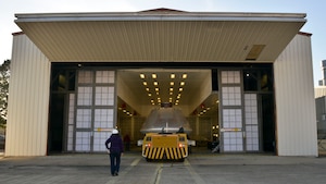 The NASA Orion crew module is put into the corrosion booth at Joint Base Langley-Eustis, Virginia, Jan 26, 2018.