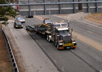 The Orion platform gets transferred from Langley Air Force Base to Fort Eustis, Virginia, Feb. 7, 2018.