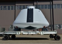 The finished NASA Orion crew module is prepped for transport at Joint Base Langley-Eustis, Virginia, Feb. 9, 2018.