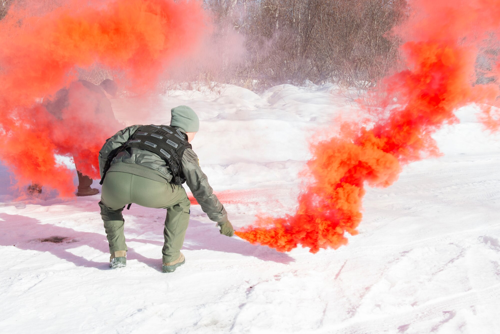 Aircrew members participate in a combat-survival refresher course at Joint Base Elmendorf-Richardson, Alaska, March 22, 2018. The course consisted of hands-on learning with survival equipment, land navigation, evasion and escape tactics, recovery procedures and communication. Equipment included flares, compasses and radios.