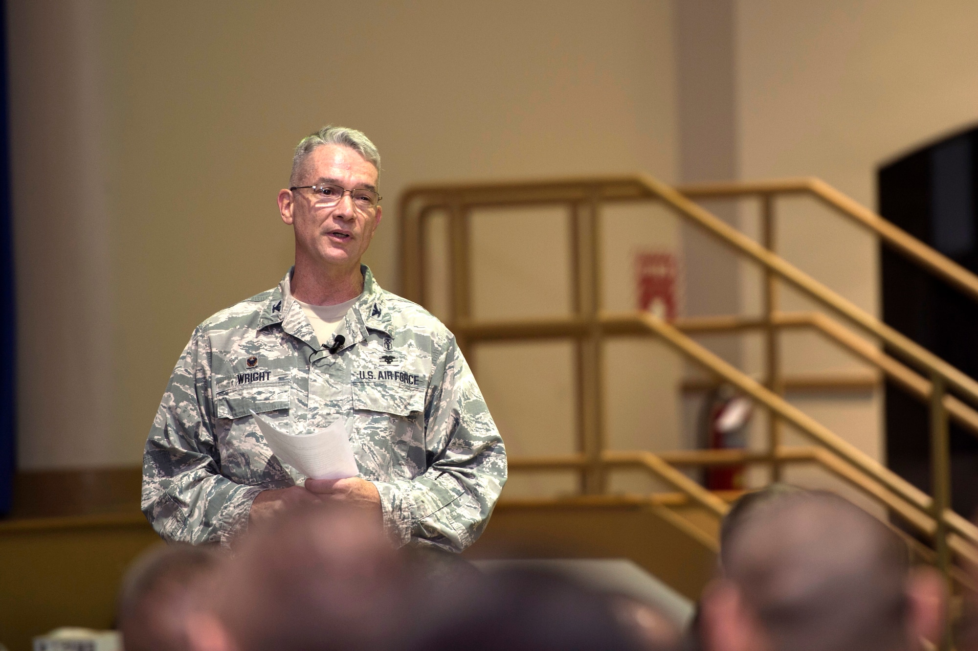 U.S. Air Force Col. Kevin Wright, commander of the 6th Medical Group, briefs Airmen before a training session at MacDill Air Force Base, Fla., March 26, 2018.