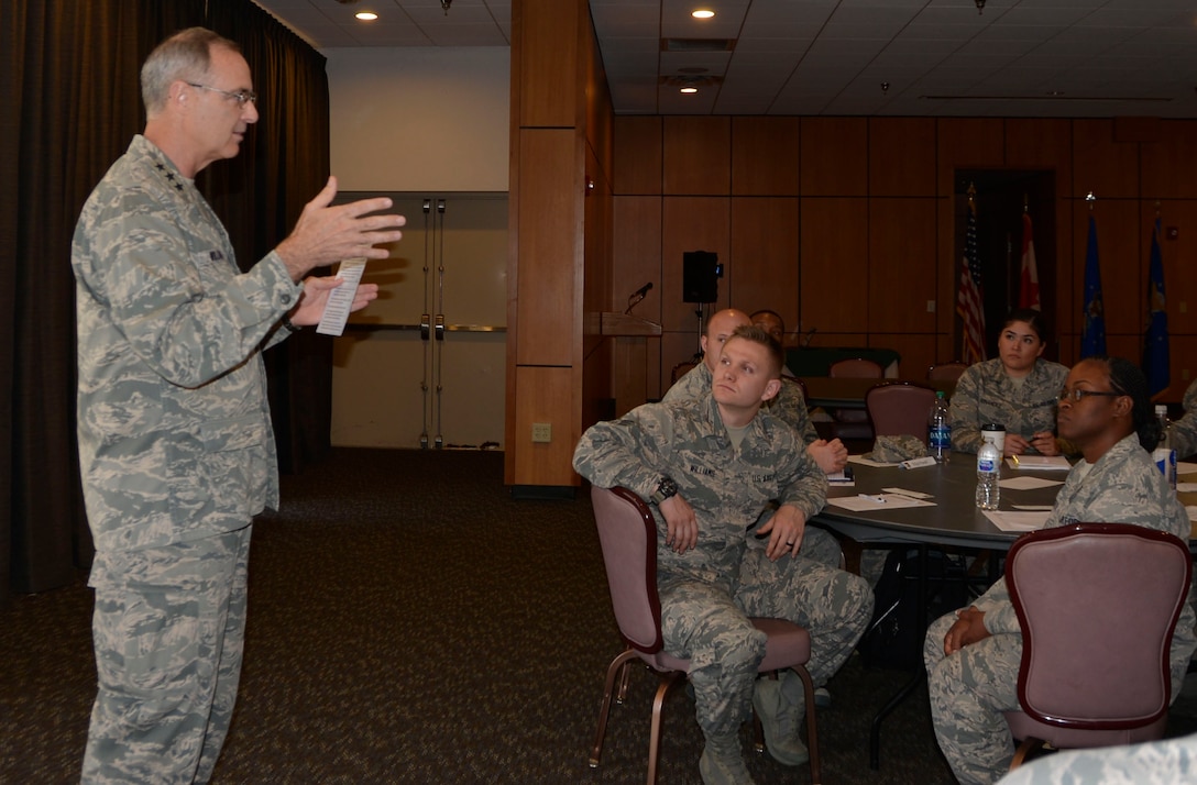 Lt. Gen. R. Scott Williams, Continental U.S. NORAD Region-1st Air Force (Air Forces Northern) Commander, shares his perspective about leadership with senior airmen and staff sergeants from across the enterprise during a “Focus 4/5 Seminar,” March 27 here. The two-day seminar is a CONR-1st AF (AFNORTH) leadership-development initiative designed to provide Professional Military Education continuity for the time between Airman Leadership School and the Noncommissioned Officers Academy.  Leadership topics discussions were facilitated by CONR-1st AF (AFNORTH) enlisted leaders and included “Enforcing Standards,” “Mentoring,” and “Active Communication.” (Air Force Photo by Mary McHale)