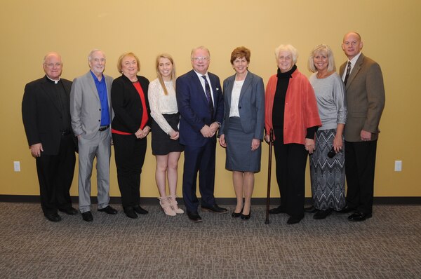 Kerry Kelley (fourth from right), U.S. Strategic Command (USSTRATCOM) director of Command and Control, Communications, Computer (C4) Systems; chief information officer; and director of the Joint Cyber Center, celebrates with family and friends before her retirement ceremony at the new USSTRATCOM command and control facility at Offutt Air Force Base, Neb., March 9, 2018. Kelley was recognized for her 32 years of civil service with Strategic Air Command and USSTRATCOM. Her official retirement date is March 31, 2018. 
USSTRATCOM has global responsibilities assigned through the Unified Command Plan that include strategic deterrence, nuclear operations, space operations, cyberspace operations, joint electromagnetic spectrum operations, global strike, missile defense, and analysis and targeting.