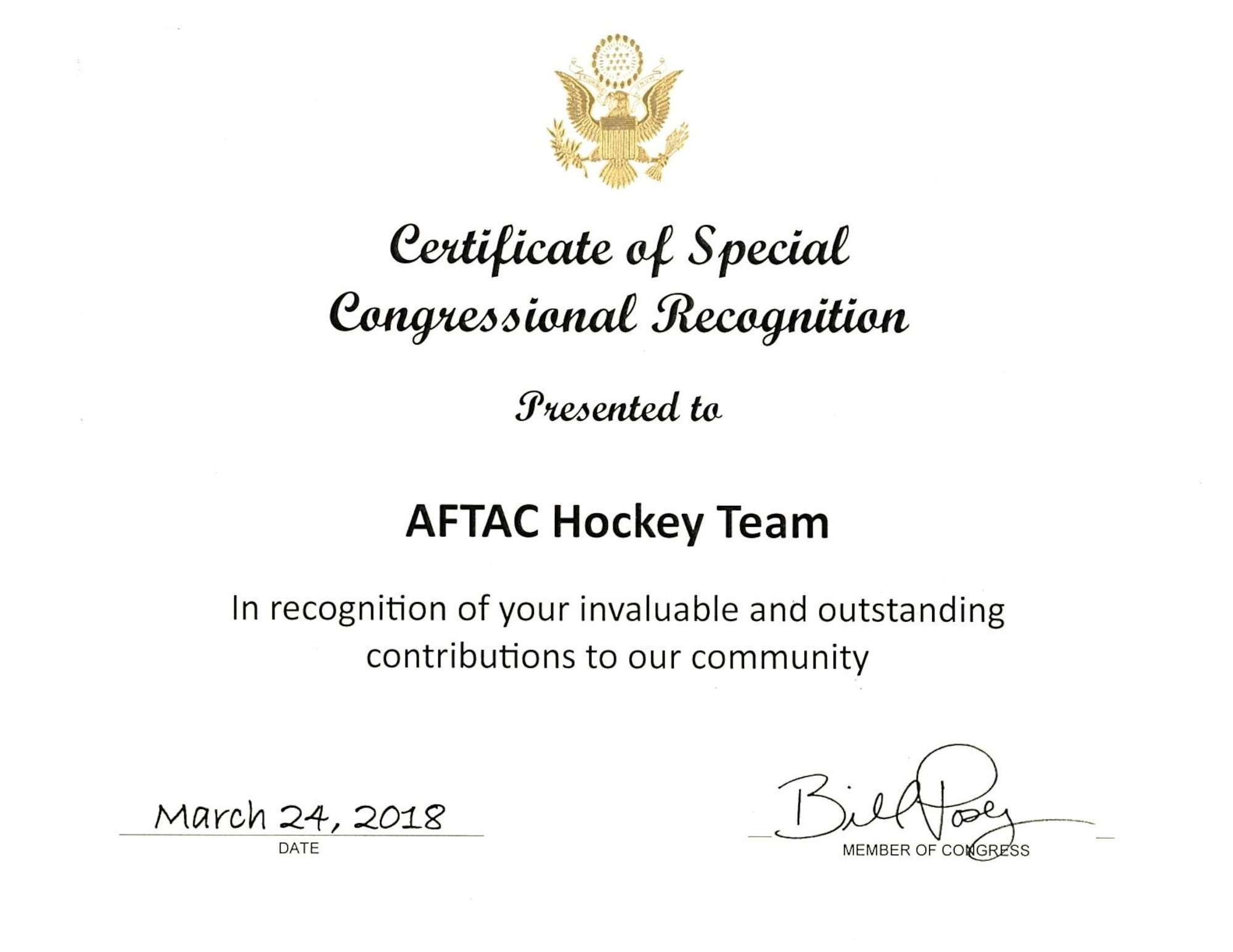 A photo of the certificate that was presented to members of the Air Force Technical Applications Center hockey team March 24, 2018 from Rep. Bill Posey (FL-15) for the team’s charitable contributions and outstanding support to the community.  (U.S. Air Force photo by Susan A. Romano)