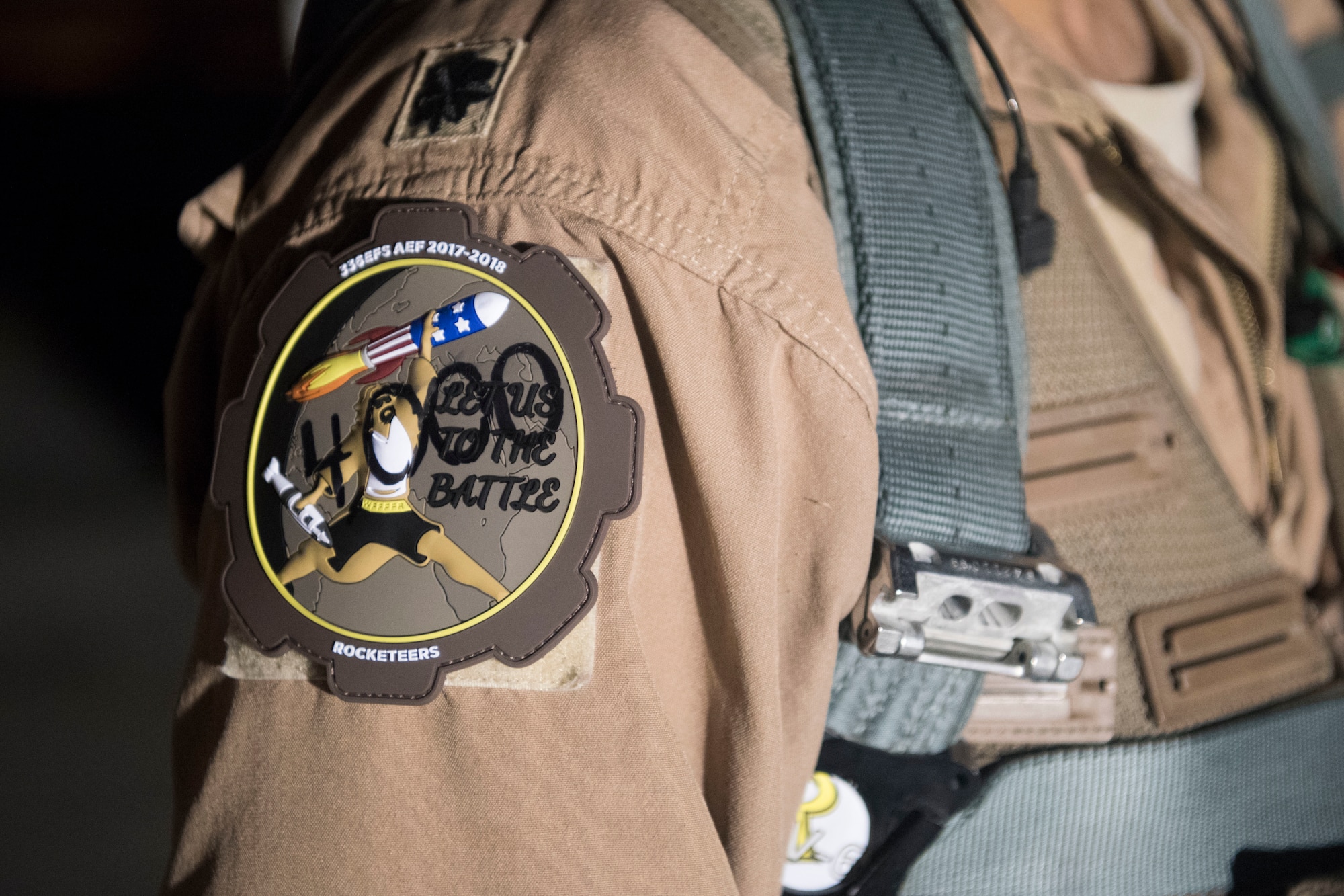Members of 336th Expeditionary Fighter Squadron presented Lt. Col. Trinidad “Moses” Meza, 336th EFS deputy operations group commander and weapons system officer, with a unit patch in honor of Meza reaching 4,000 flying hours March 21, 2018, at an undisclosed location in Southwest Asia.