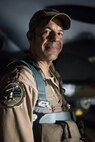 Lt. Col. Trinidad “Moses” Meza, 336th EFS deputy operations group commander and weapons system officer, poses for a photo after landing in an F-15E Strike Eagle March 21, 2018, at an undisclosed location in Southwest Asia.