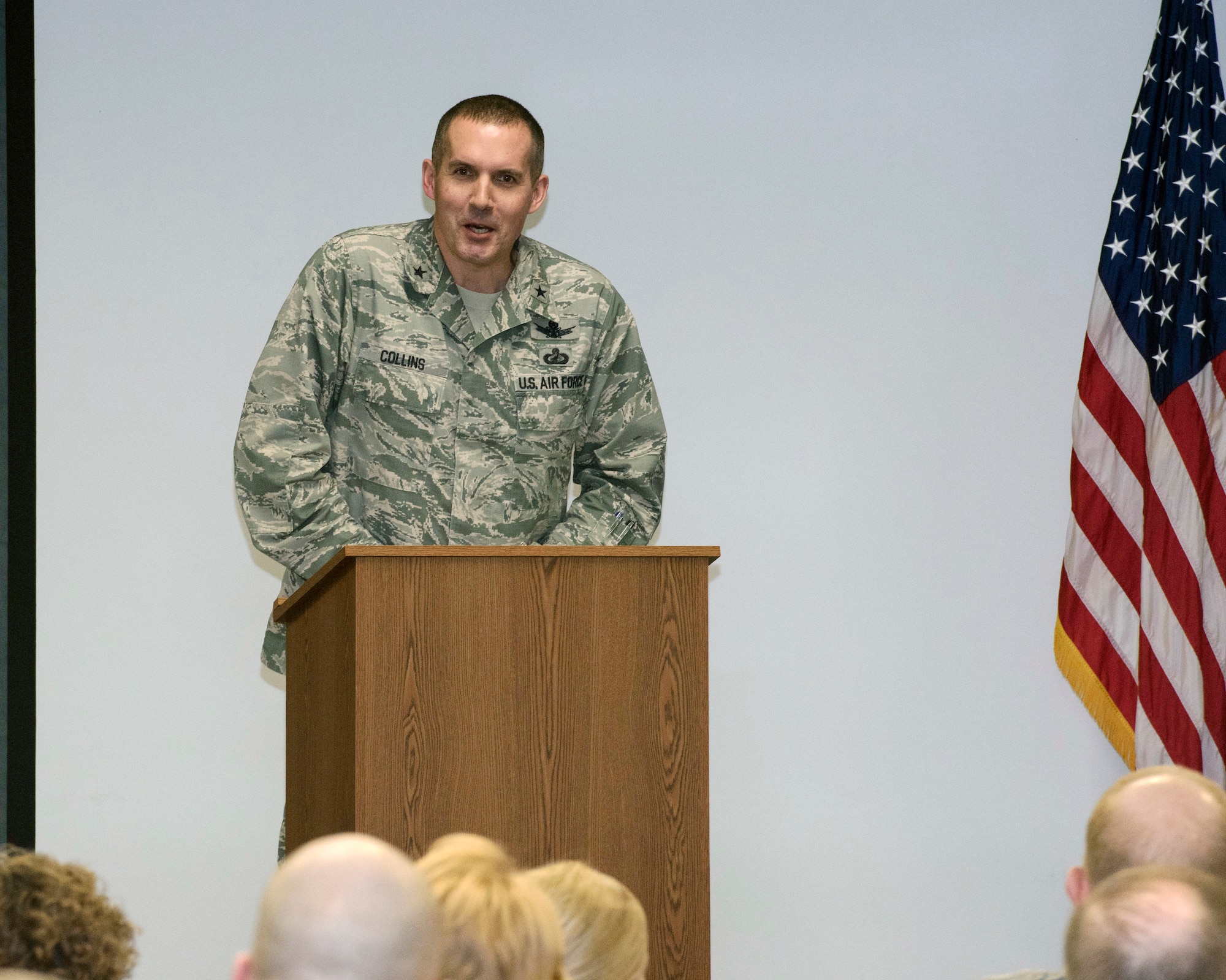Brig. Gen. Heath Collins, the new Program Executive Officer for the Fighters and Bombers Directorate, addresses the crowd during a March 28 ceremony in which he assumed leadership of the directorate. (U.S. Air Force photo / Michelle Gigante)