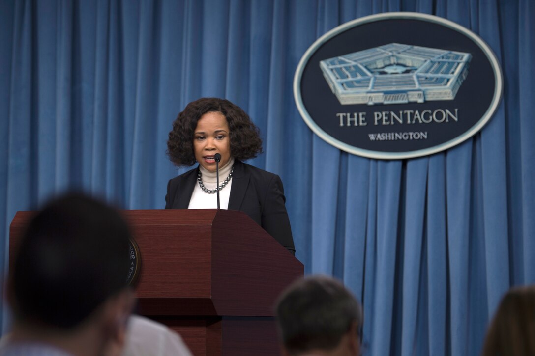 Dana White, the assistant to the secretary of defense for public affairs, briefs reporters at the Pentagon.