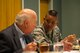U.S. Air Force Lt. Col. Abraham Salomon, 17th Training Squadron commander, talks with honorary commander to the 315th Training Squadron, Jim Hughes, during the civic leader luncheon of 2018 at the Event Center on Goodfellow Air Force Base, Texas, March 28, 2018. Commanders and civic leaders all sat next to each other maintaining communication. (U.S. Air Force photo by Senior Airman Scott Jackson/Released)