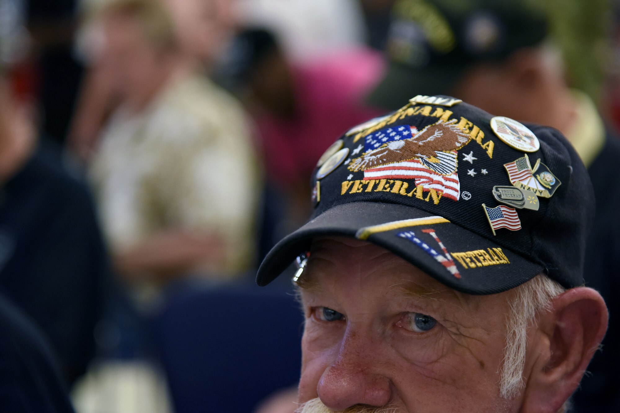Roger Anderson, U.S. Navy Vietnam veteran, attends the 50th Anniversary Vietnam Memorial Pinning Day at The Exchange March 29, 2018, on Keesler Air Force Base, Mississippi. The event, which included a cake cutting ceremony and commemorative lapel pin presentation, was held to honor Vietnam veterans for their service. (U.S. Air Force photo by Kemberly Groue)