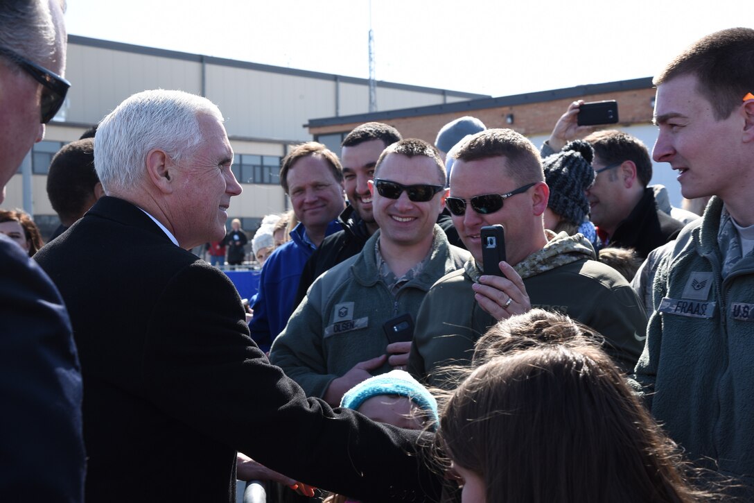 U.S. Vice President Mike Pence shakes hands with crowd at North Dakota Air National Guard Base, Fargo, N.D.