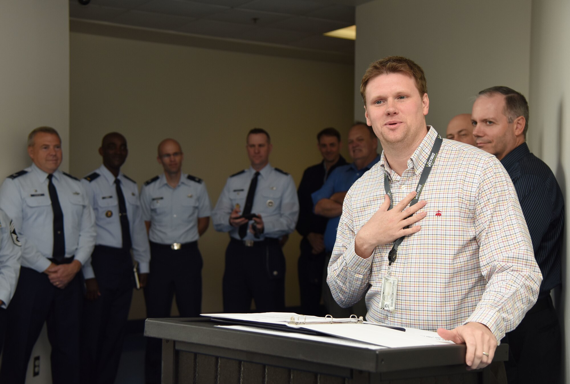 Robert Mills, Base Operations Support environmental manager, delivers welcoming remarks during the Arbor Day Ceremony at the Keesler Child Development Center March 29, 2018, on Keesler Air Force Base, Mississippi. Arbor Day is a nationally celebrated observance that focuses on environmental issues and ways to improve the environment. The event included the reading of the Arbor Day Proclamation and a Tree City USA award presentation. (U.S. Air Force photo by Kemberly Groue)