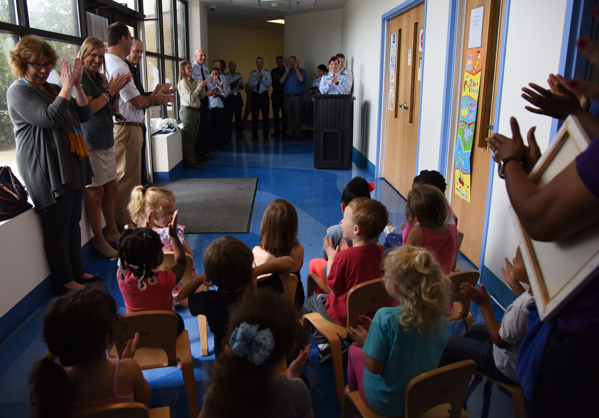 U.S. Air Force Col. Debra Lovette, 81st Training Wing commander, completes the reading of the Arbor Day Proclamation during the Arbor Day Ceremony at the Keesler Child Development Center March 29, 2018, on Keesler Air Force Base, Mississippi. Arbor Day is a nationally celebrated observance that focuses on environmental issues and ways to improve the environment. The event also included a Tree City USA award presentation. (U.S. Air Force photo by Kemberly Groue)