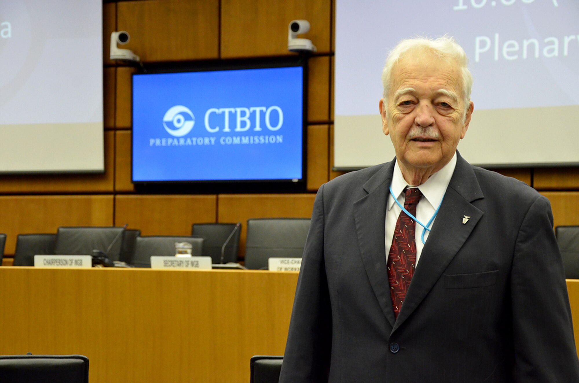 Dr. Bob Kemerait, senior scientist and Defense Intelligence Senior Level executive at the Air Force Technical Applications Center, Patrick AFB, Fla., poses for a picture prior to the start of the Plenary Session of the Comprehensive Nuclear Test Ban Treaty Organization’s  Preparatory Commission at its headquarters in Vienna March 19, 2018.  Kemerait was recognized by CTBTO Executive Secretary Dr. Lassina Zerbo as the only person from any nation in the world to attend every Working Group B meeting since its inception in 1997.  (U.S. Air Force photo by Susan A. Romano)
