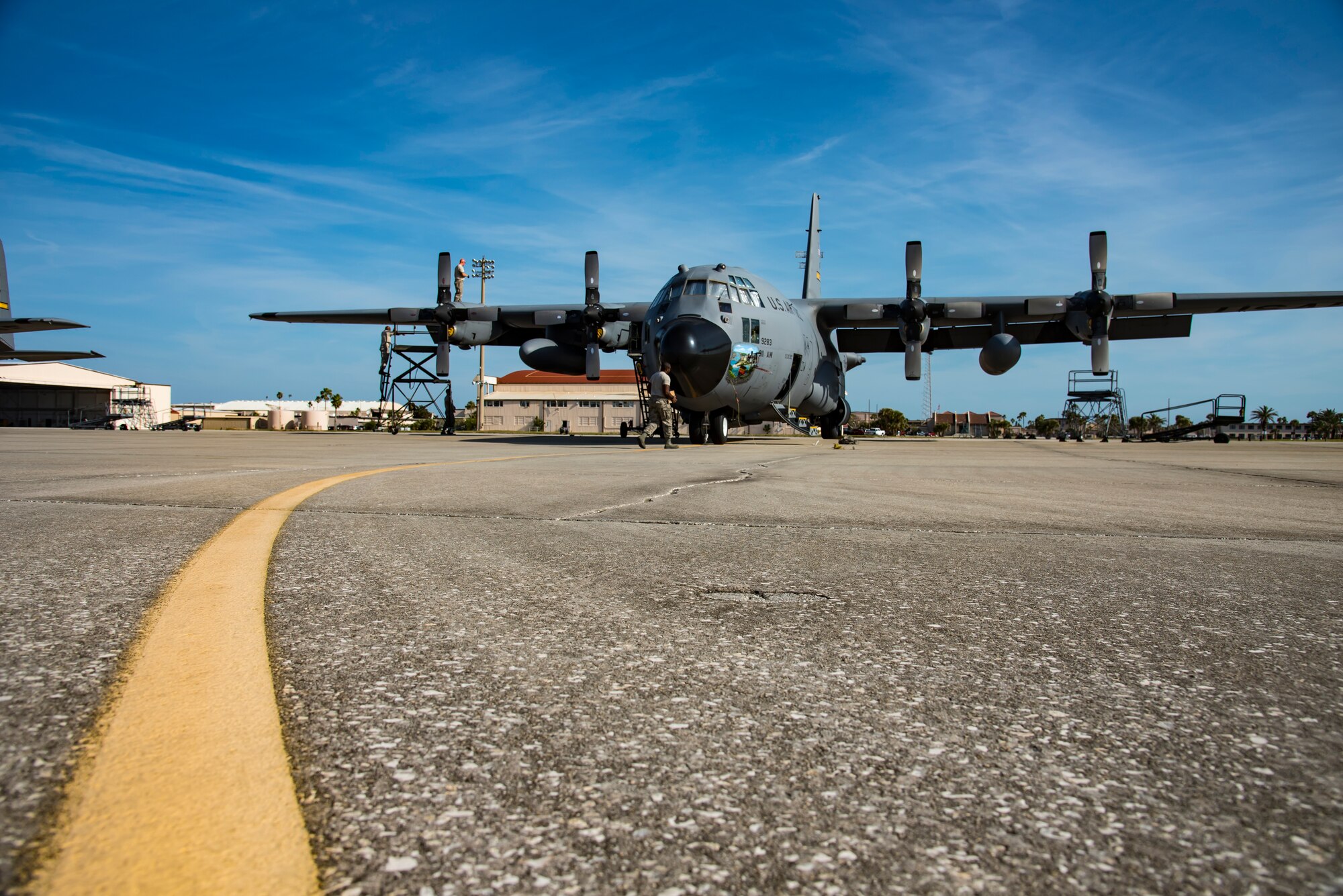 Airmen from the 911th Maintenance Squadron, based out of Pittsburgh International Airport Air Reserve Station, Pennsylvania, maintain an HC-130P/N Combat King at Patrick Air Force Base, Florida, Mar. 1, 2018. The squadron is currently staged here to inspect their aircraft which are returning from overseas assignments, while their base readies for the transition to a new airframe. (U.S. Air Force photo/Staff Sgt. Jared Triamrchi)