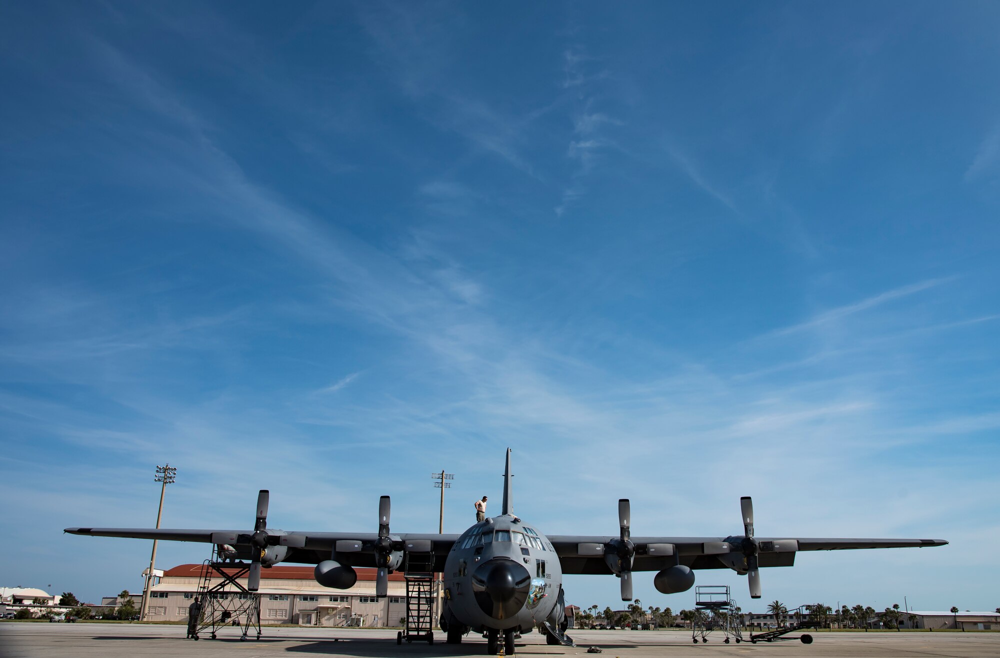 Airmen from the 911th Maintenance Squadron, based out of Pittsburgh International Airport Air Reserve Station, Pennsylvania, maintain an HC-130P/N Combat King at Patrick Air Force Base, Florida, Mar. 1, 2018. The squadron is currently staged here to inspect their aircraft which are returning from overseas assignments, while their base readies for the transition to a new airframe. (U.S. Air Force photo/Staff Sgt. Jared Triamrchi)