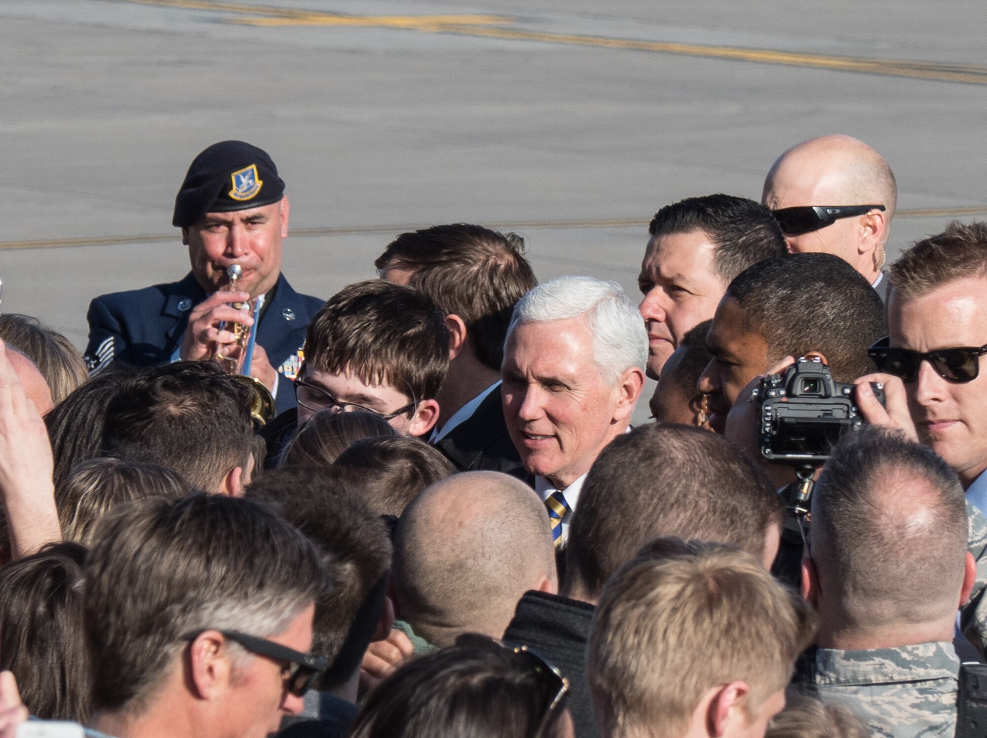 Vice President Mike Pence is welcomed by well wishers and music by Tech. Sgt. Johnny Holliday March 27 at the 934th Airlift Wing. (Air Force Photo/Paul Zadach)