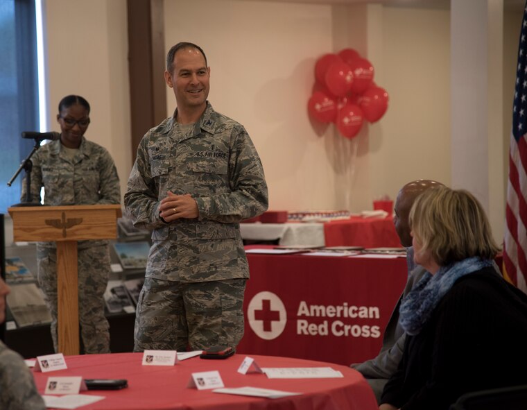 Col. Jay Vietas, 23d Medical Group commander, gives opening remarks at the American Red Cross volunteer appreciation luncheon, March 26, 2018, at Moody Air Force Base, Ga. Volunteers from Moody were recognized for their service to the American Red Cross. (U.S. Air Force photo by 1st Lt. Kaitlin Toner)