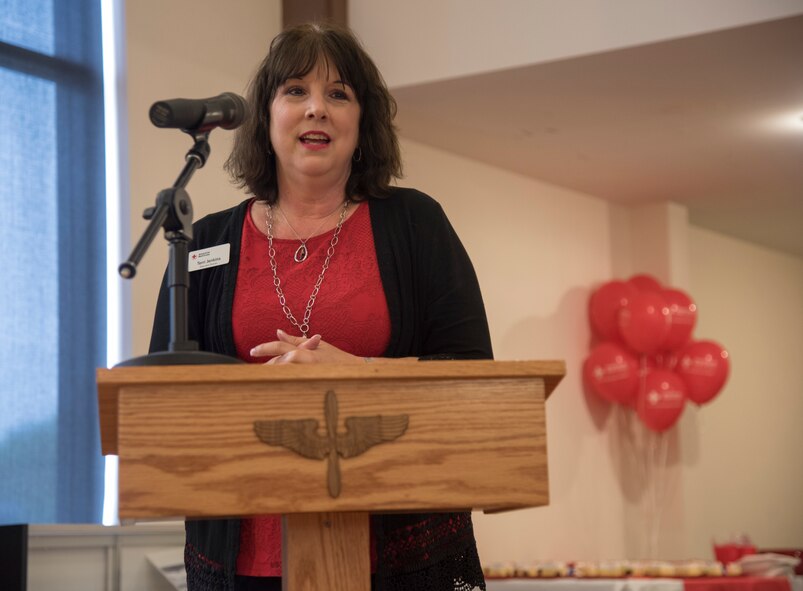 Terri Jenkins, American Red Cross of South Georgia executive director, speaks about the volunteer program at a volunteer appreciation luncheon, March 26, 2018, at Moody Air Force Base, Ga. Volunteers from Moody were recognized for their service to the American Red Cross. (U.S. Air Force photo by 1st Lt. Kaitlin Toner)