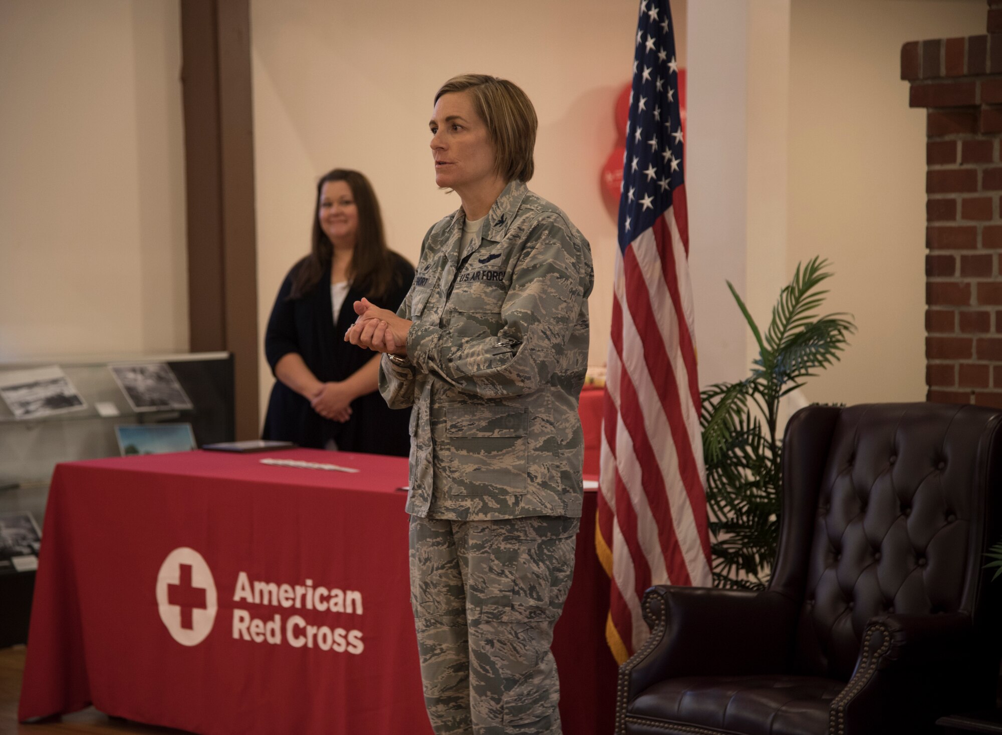 Col. Jennifer Short, 23d Wing commander, gives closing remarks at an American Red Cross volunteer appreciation luncheon, March 26, 2018, at Moody Air Force Base, Ga. Volunteers from Moody were recognized for their service to the American Red Cross. (U.S. Air Force photo by 1st Lt. Kaitlin Toner)