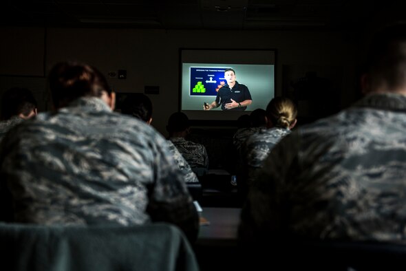 U.S. Airmen watch videos as part of an Enhancing Human Capitol class during their First Term Airman’s Course at Shaw Air Force Base, S.C., March 26, 2018.