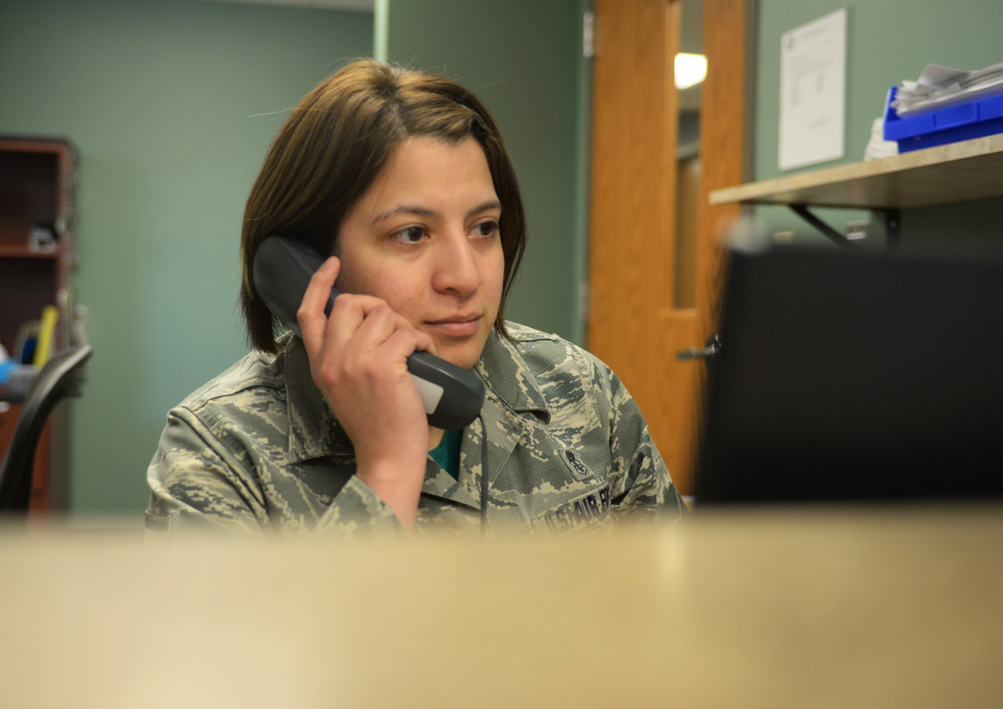 Master Sgt. Lillian Stibor, the 28th Medical Group Dental Clinic superintendent, schedules an appointment for a patient at Ellsworth Air Force Base, S.D., March 9, 2018. The clinic has approximately 20 Airmen who serve as dentists, technicians, and hygienists in the office. (U.S. Air Force photo by Airman 1st Class Thomas Karol)