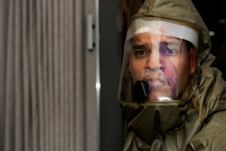 Airman 1st Class Armoni Reid, 4th Aerospace Medicine Squadron dental technician, participates in a chemical, biological, radiological and nuclear exercise, March 27, 2018, at Seymour Johnson Air Force Base, North Carolina.