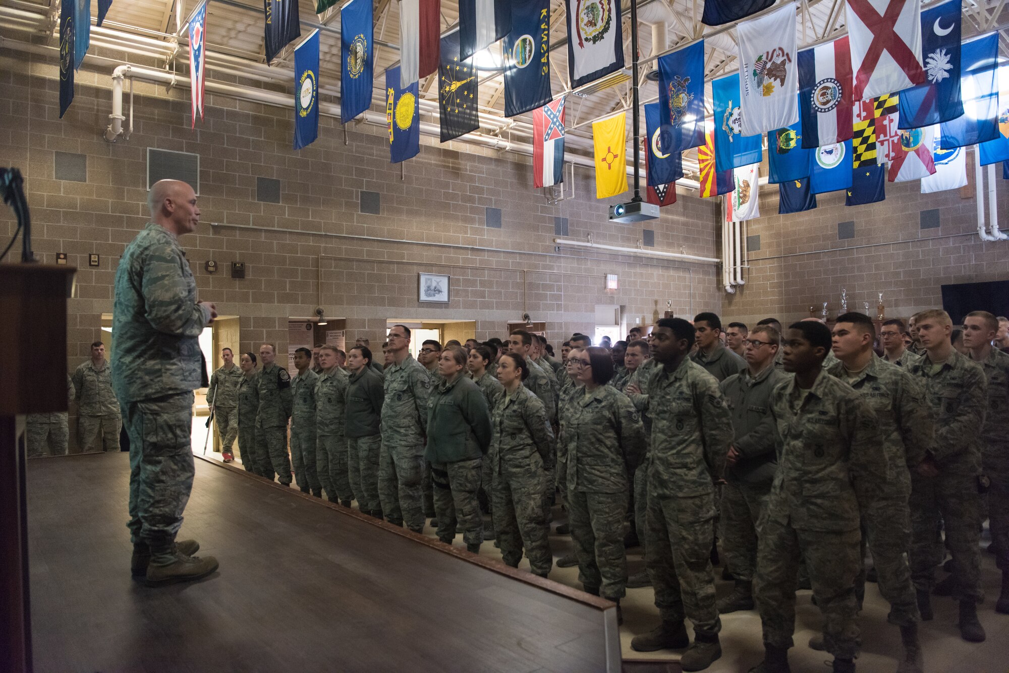 U.S. Air Force Col. Mike Manion, 55th Wing commander, speaks at a 55th Security Forces Squadron all call March 27, 2018, at Offutt Air Force Base, Nebraska. Due to a recent uptick of security breaches at Air Force bases across the world, Chief of Staff of the Air Force Gen. David Goldfein directed installation commanders to address potential vulnerabilities March 26. (U.S. Air Force photo by Senior Airman Jacob Skovo)