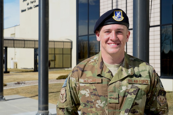 Airman Gideon Magrini, 841st Missile Security Forces Squadron missile security operator, poses for a portrait after receiving his Army Air Assault Badge March 23, 2018, at Malmstrom Air Force Base, Mont.