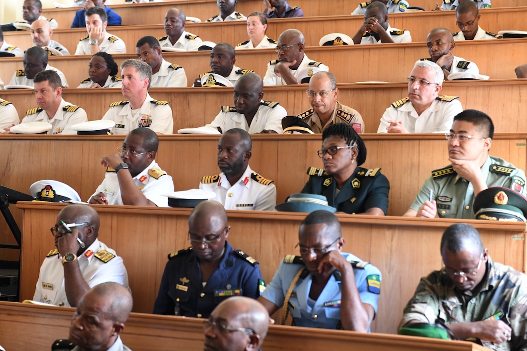Participating African forces and international partners attend the exercise Obangame Express 2018 opening ceremony in Libreville, Gabon.