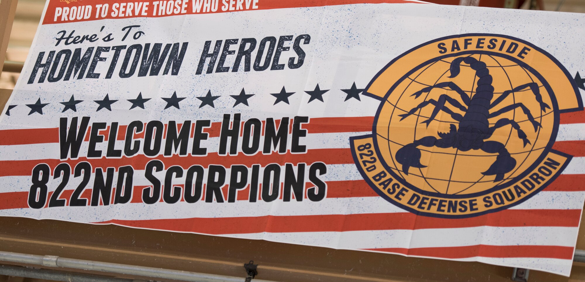 A 822nd Base Defense Squadron banner hangs to welcome back Airmen from a deployment, March 30, 2018, at Moody Air Force Base, Ga. The 822nd BDS returned after spending several months deployed and earning numerous command, wing and individual awards. (U.S. Air Force photo by Staff Sgt. Eric Summers Jr.)