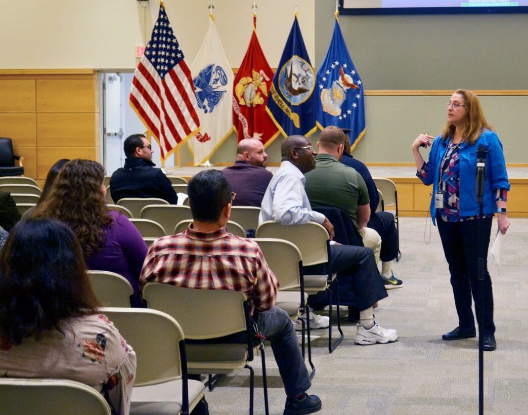 Starr Seip, the Subsistence supply chain’s registered dietitian nutritionist, speaks to the National Nutrition Month program attendees at Defense Logistics Agency Troop Support in Philadelphia, March 29, 2018.