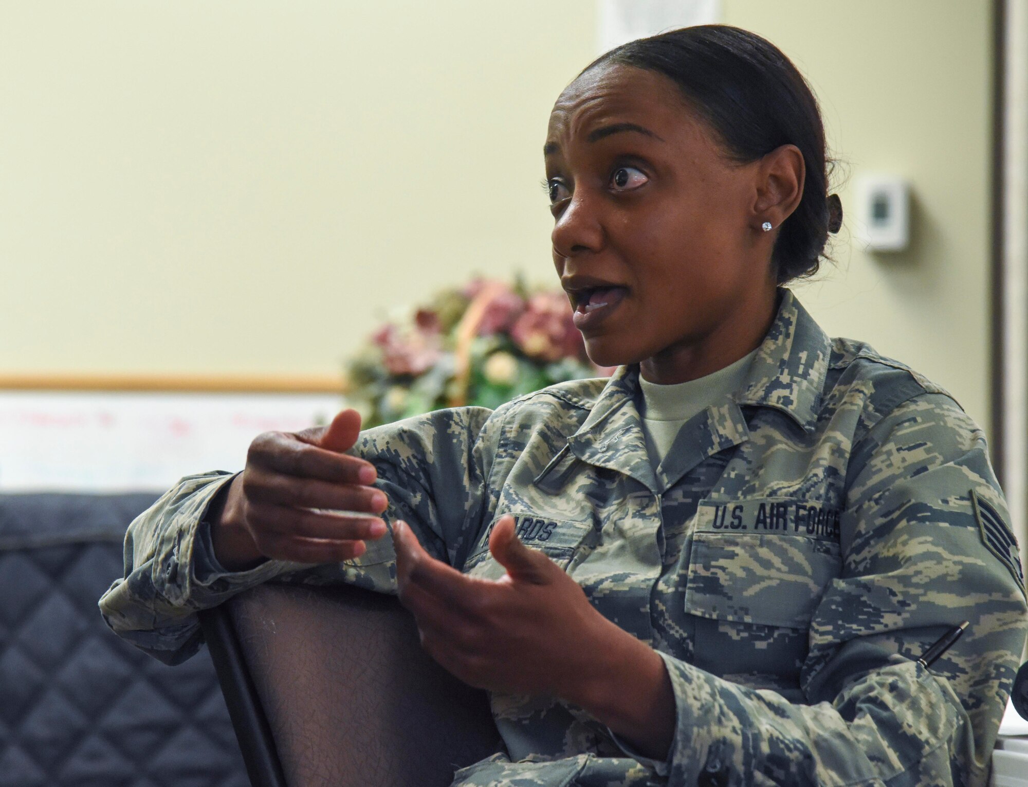 Richards discussed her experiences with base events and how they could be improved. (U.S. Air Force photo by Airman 1st Class Michael D. Mathews)