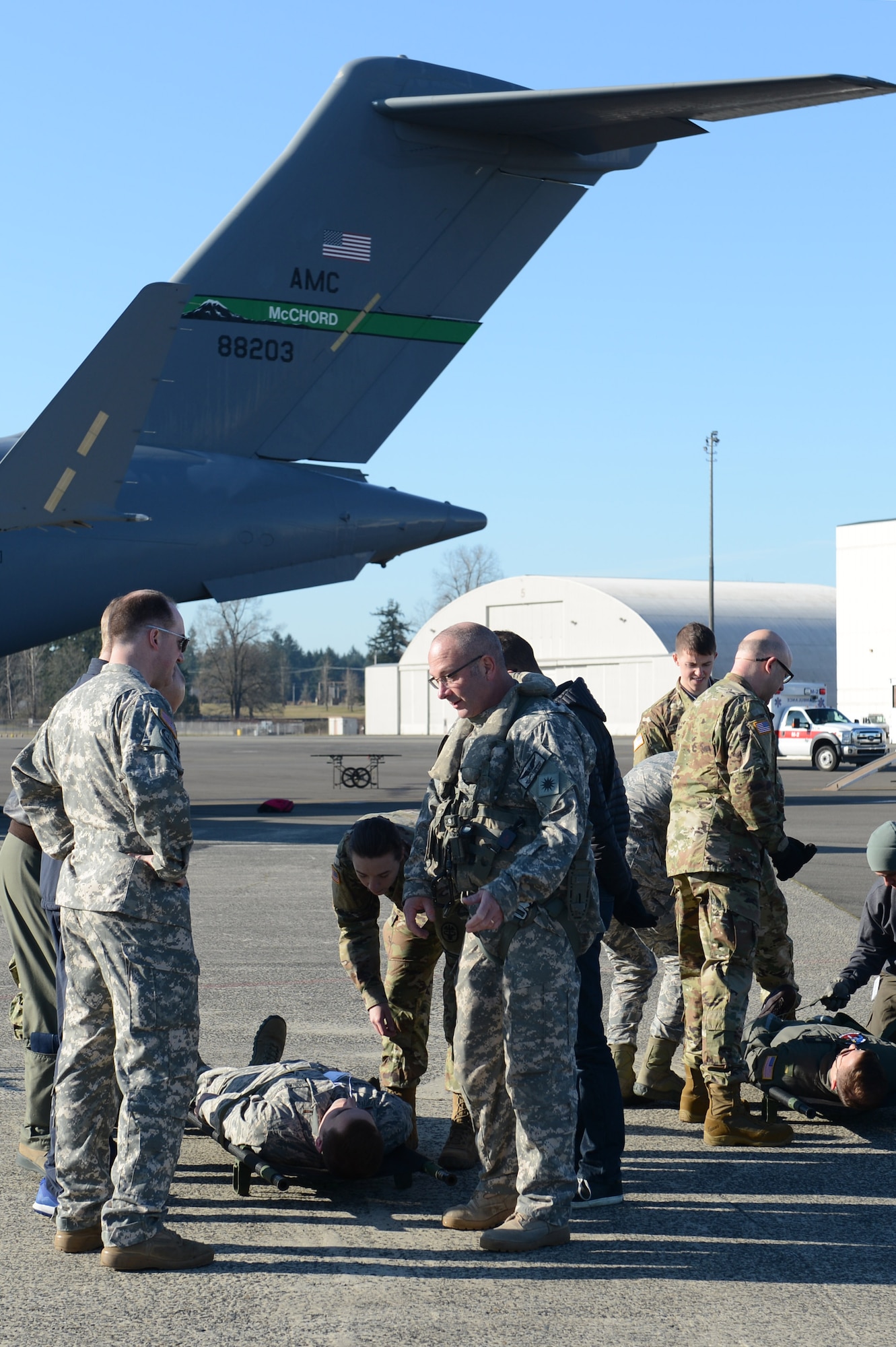 Members of the Association of Military Osteopathic Physicians and Surgeons work with Joint Base Lewis-McChord Soldiers to prepare simulated patients for transfer between an Air Force C-17 Globemaster III and an Army UH-60 Black Hawk, March 10, 2018, at Joint Base Lewis-McChord, Wash. Training between branches increases efficiency in joint deployment situations. (U.S. Air Force photo by Airman 1st Class Sara Hoerichs)