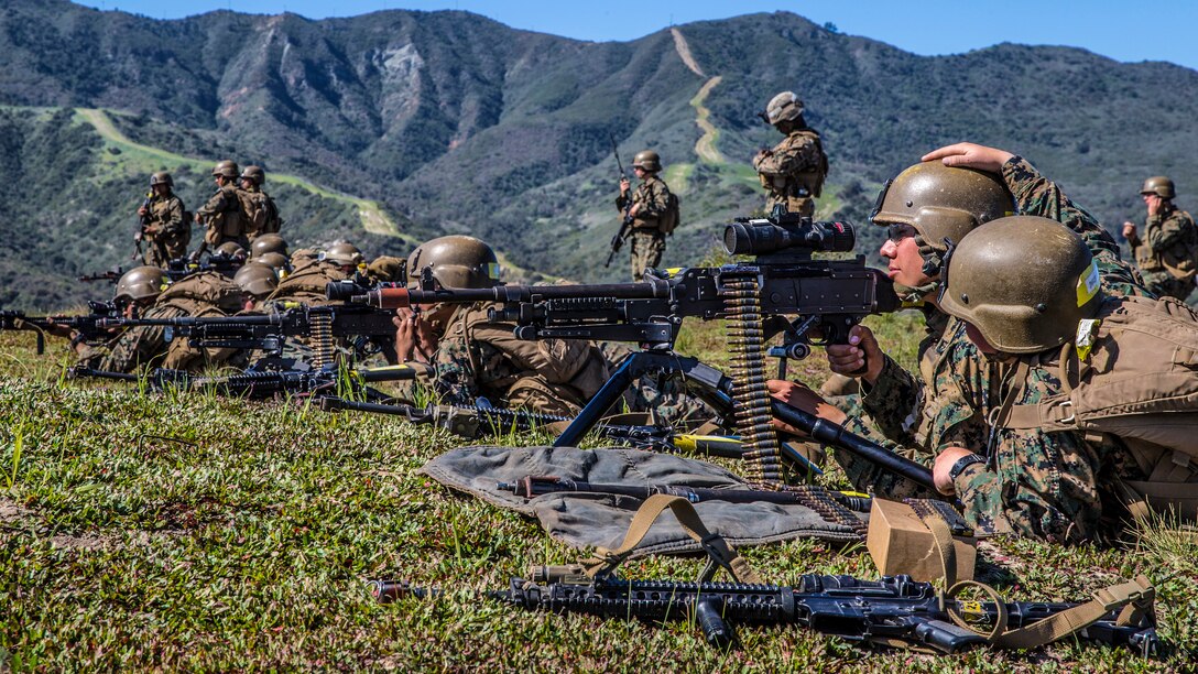 Marines lie prone in the grass and point rifles.