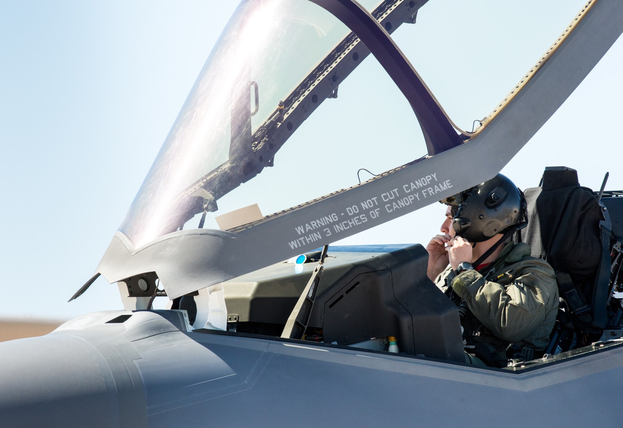 U.S. Air Force Capt. Andrew "Dojo" Olson, F-35 Heritage Flight Team pilot, prepares an F-35A Lightning II for take-off during the U.S. Air Force Heritage Flight Training Course at Davis-Monthan Air Force Base, Ariz., March 1, 2018. The F-35 HFT participates in the training course each year in preparation for public air shows around the world. (U.S. Air Force photo by Airman 1st Class Alexander Cook)